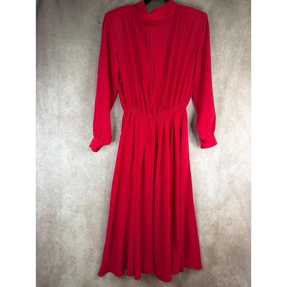 VTG 90s Midi Dress Women 10M Red Tie Pleated Long Sleeve Retro Secretary